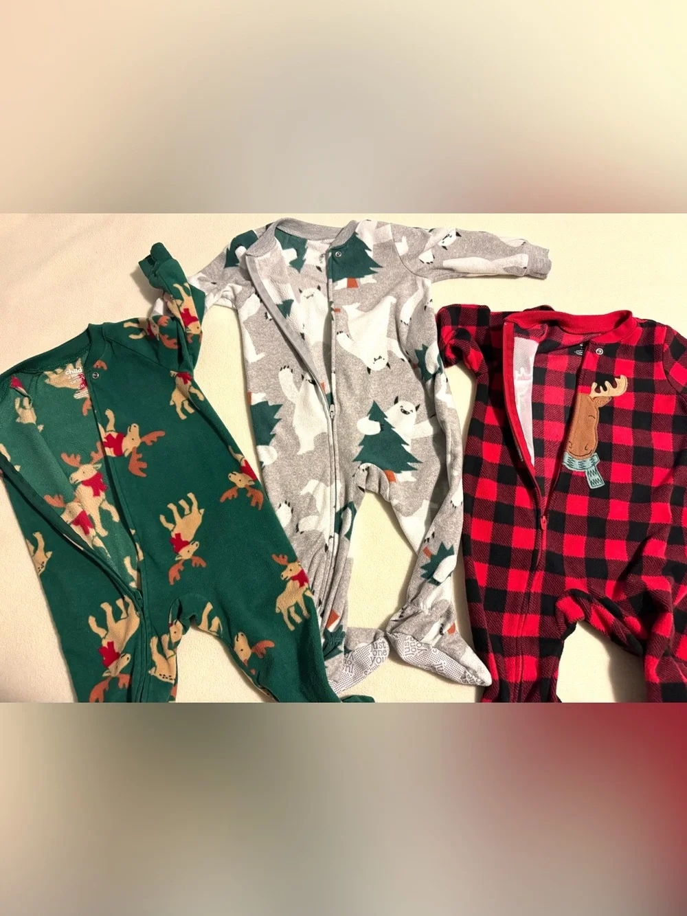 Carter’s 12M Fleece Footed PJs Winter Set of 3 Buffalo Plaid Moose Bear Winter